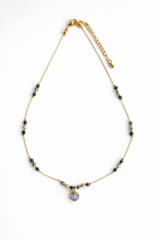 Naszyjnik z żywicy Aura z suszoną niezapominajką, lapis lazuli i jaspisem dalmatyńskim