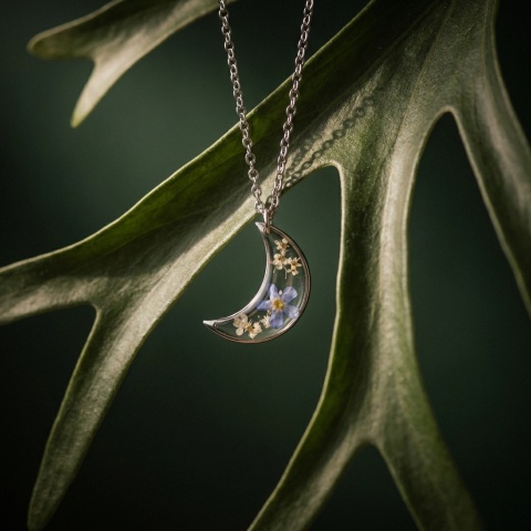 Naszyjnik z żywicy księżyc Niezapominajka i dzika marchew