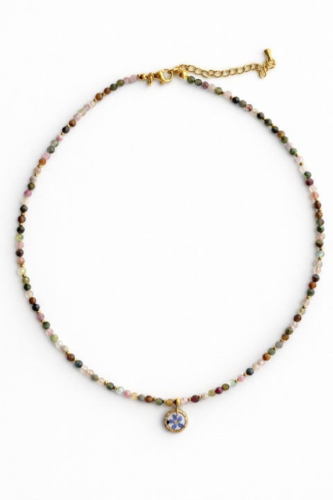 Naszyjnik z żywicy z kamieniami Florastone Niezapominajka i kolorowy turmalin